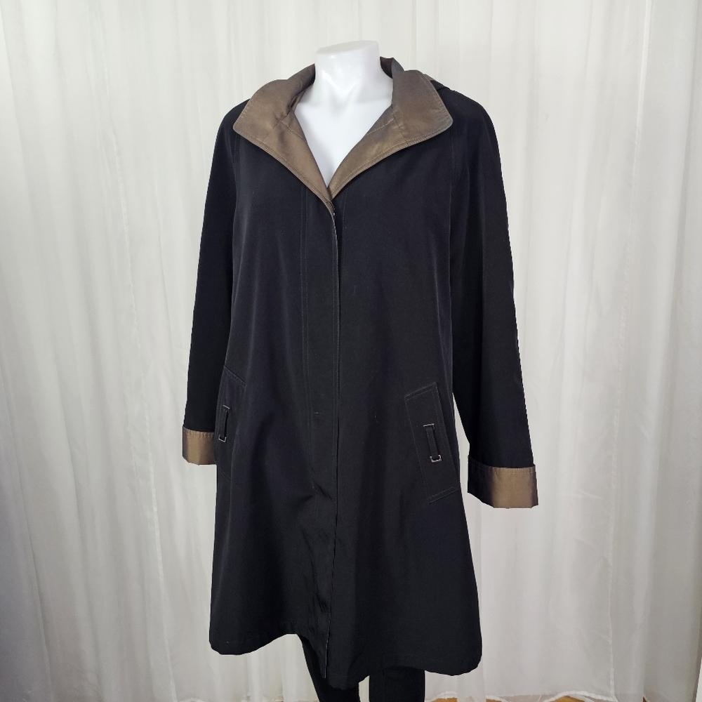 Gallery Black Hooded Jacket With Button Out Liner Brown Trim Size Small